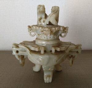 玉石細工彫刻 活環 獅子蓋付 三足香炉 中国美術 細密細工 古玩 碧玉 置物