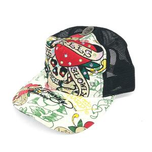 良好◆Ed Hardy エドハーディー メッシュキャップ ◆ ブラック/ホワイト コットン・ポリエステル スカル刺繍 ユニセックス 帽子 服飾小物