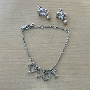 【☆TS0716】 Christian Dior クリスチャンディオール ブレスレット イヤリング セット シルバーカラー ラインストーン？ アクセサリー 