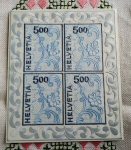 aαω1y5-9S14　スイス2000年　ザンクト・ガレンの刺繍・シール切手・1種×4面シート