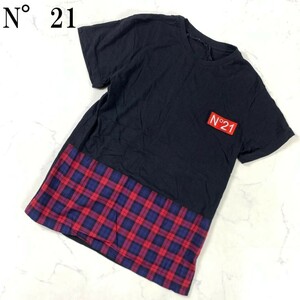 LA2747 ヌメロヴェントゥーノ 半袖切り替えTシャツN°21 チェック ゆったり感 コットン100％ブラックXXS