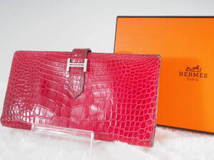 美品 エルメス HERMES ベアン クラシック アリゲーター クロコダイル ワニ革 新型金具 □J 長財布 ピンク クリーニング済み