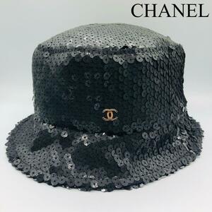 未使用タグ付 現行 CHANEL【圧倒的なセレブ感】シャネル 最高級スパンコールハット 帽子 ココマーク 光沢 ブラック イタリア製