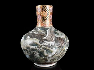【雲】某名家買取品 薩摩 色絵金彩風景鳥絵付大花瓶 飾壺 高さ43.5cm 古美術品(旧家蔵出)J5 DTbe73