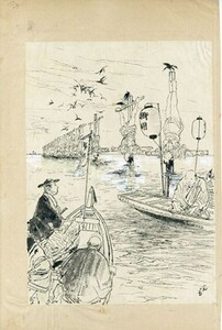 伊藤晴雨画稿「海上逆さ吊り」　墨　和紙　自筆反故原稿に裏打　サイン　28×20　Seiu Ito