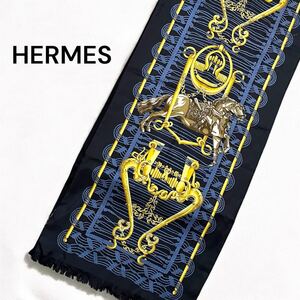 HERMES エルメス アスコットタイ シルク100% ブラック ゴールド ブルー ネイビー 馬 総柄 約38×180cm メンズ 総柄 シルクスカーフ 大判