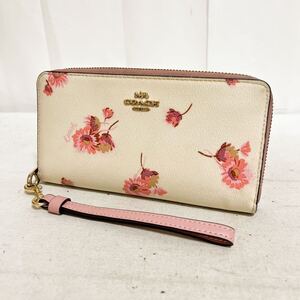 和533★ COACH コーチ 長財布 ロングウォレット 花柄 総柄 ラウンドジップ オフホワイト レディース