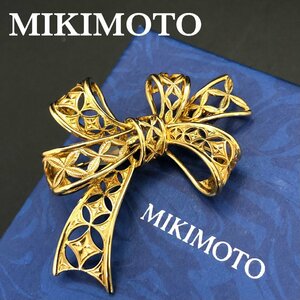 極美品 MIKIMOTO ミキモト K18 YG リボン ブローチ K18/M刻印 15.7ｇ ゴールド 透かし細工 箱付 新品同様 18金 正規品 本物保証 最落無