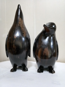＠@ 黒檀　縞黒檀　木工　ペンギン　ペンギンのカップル　コクタン　インテリア　雑貨　彫刻　光沢の良い木彫り黒檀　工芸品　