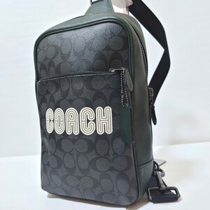 【現行 美品】コーチ ボディバッグ COACH CE522 ロゴ PVC×レザー シグネチャー グリーン ショルダーバッグ チャーム クロスボディ メンズ