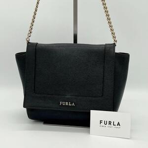 【美品】FURLA ニューデイジー ショルダーバッグ クロスボディ チェーン 斜めがけ レザー サフィアーノ レディース ブラック CE000403