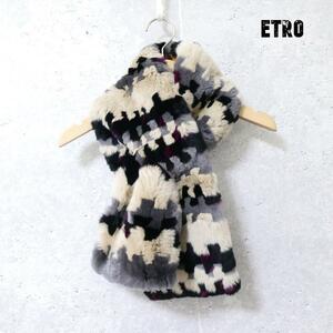 美品 ETRO エトロ 総柄 兎 ラビットファー 毛皮 マフラー ストール ティペット マルチカラー