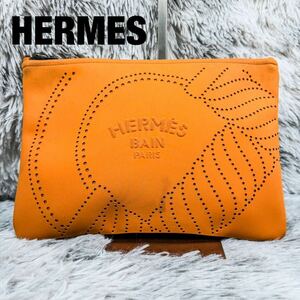 【限定品】HERMES エルメス ネオバン カノエMM オレンジ　ビッグロゴ　クラッチバッグ ポーチ バック　ポリアミド エラスタン　ハンド