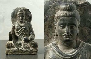 ■観心・時代旧蔵■C8621クシャーン朝時代 仏教古美術・ 時代古仏 ガンダーラ石仏 灰色片岩石彫 ガンダーラ