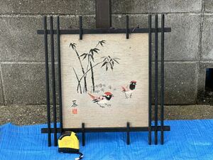 【うぶだし品】刺繍絵画/絵画 花鳥画/壁飾り 落款/在銘 インテリア/飾り/時代物/民藝/民芸品/工芸品　:YU