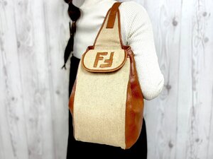 極美品 FENDI フェンディ ワンショルダーバッグ ショルダーバッグ ボディバッグ バッグ 麻×レザー 茶系 79899Y