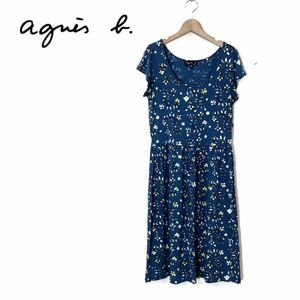 1H1222-O◆良品◆日本製◆ agnes b アニエスベー フレアワンピース 総柄 花柄 半袖 ひざ丈◆sizeT1 レーヨン ブルー