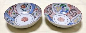 レトロ陶器　色絵松竹梅鳥柄＆牡丹蝶柄　大鉢　ラーメン皿2客