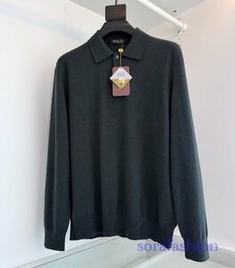 Loro Piana　ロロピアーナ メンズ ニットポロシャツ 長袖Tシャツ トップス ウール ニットカットソー 濃グリーン 3XLサイズ 紳士服 無地