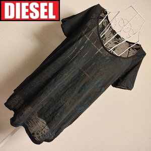 DIESEL■XL 黒 総柄■シースルー Tシャツ カットソー ディーゼル 春 夏 透け感 レディース ニット ブラック ダークグリーン ヴィンテージ