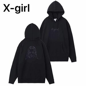 レア　x-girl パーカー プルオーバー ブラック フード　XL ストリート　スケボー　刺繍　2022aw y2k