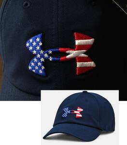 【既決USA】アンダーアーマー★UNDER ARMOUR@完売刺繍【UA 星条旗】ロゴ入キャップ【UA Freedom Flag Logo Blitzing Cap】紺@#後部調整可能