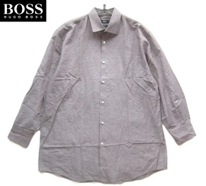 美品トルコ製!!ヒューゴボス HUGO BOSS*麻32% SLIM FIT リネンコットンドレスシャツ 43-17 実寸XXL 茶 ブラウン 大谷翔平