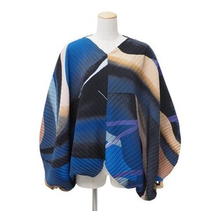 MH1340＝イッセイミヤケ/ISSEY MIYAKE*プリーツ加工*総柄*軽量感*ブラウス*シャツ*プルオーバー*サイズ2*ブルー×ブラウン系