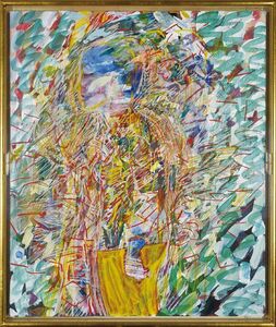 深沢軍治画額「少し猫背」　油彩　キャンバス　サイン、年記　77 Galleryシール　72×60　F:77.5×65.5　1985年　Gunji Fukasawa