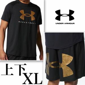 【新品 正規品】アンダーアーマー UNDER ARMOUR Tシャツ ハーフパンツ 上下セット XL 黒 金 セットアップ 