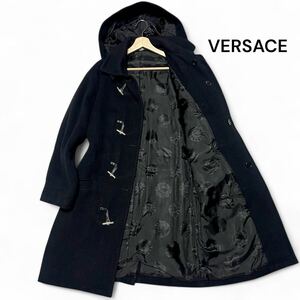 美麗品◎アンゴラ混!!ヴェルサーチ【幻の希少モデル】VERSACE ヘリンボーン 総ロゴ ダッフルコート ロングコート ネイビー V2 秋冬◎メンズ