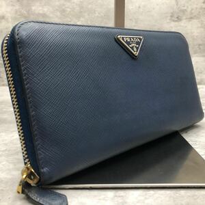 【美品】 PRADA プラダ サフィアーノ ネイビー 紺色 金 三角ロゴ ラウンドファスナー 財布 長財布 メンズ レディース レザー小物 ビジネス