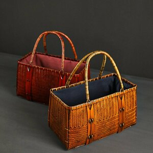 自然竹編み上げカゴバック　可愛い新品　 手作りバスケット　ナチュラル買い物カゴ　収納バッグ 2色選択可