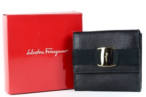 【新品同様・未使用】Ferragamo フェラガモ ヴァラ リザード調 二つ折り財布 ブラック×ゴールド金具【IB28】