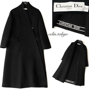 【E4439】極美品！Christian Dior ディオール《店頭完売》大人気 ロゴ入り CDボタン 超美ロングシルエット コート 34 黒 マリア グラツィア