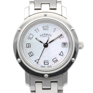 HERMES エルメス SS 腕時計 クリッパー ステンレススチール CL4.210 シルバー ピンク 中古