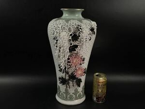 【福蔵】唐物 花瓶 浮彫絵 菊紋 透し 鏤空 立体作り 二重 景徳鎮 本物 超超超綺麗 珍しい逸品 高35.1cm