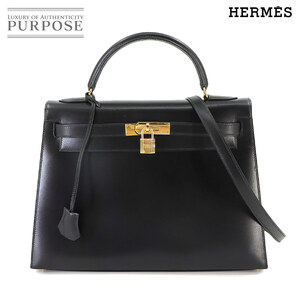 新品同様 エルメス HERMES ケリー 32 2way ハンド ショルダー バッグ ボックスカーフ ブラック 外縫い □C刻印 ゴールド 金具 90236026