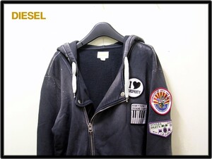 M【DIESEL ディーゼル USED加工 ワッペン ライダースパーカー スウェットZipフード】