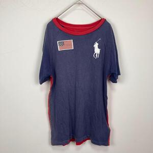 ポロ　POLO Tシャツ　半袖　シャツ　赤　青　ロゴ　星条旗　160　アメリカン カジュアル　メンズ ヴィンデージ