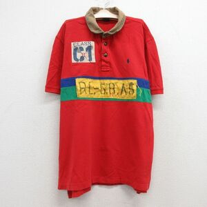 古着 ラルフローレン 半袖 ブランド ラガー シャツ キッズ ボーイズ 子供服 90s ワンポイントロゴ 鹿の子 コットン 赤他 レッド 24apr1