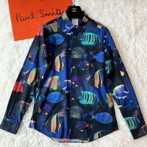 ◆美品 現行◆ポールスミス Paul Smith 長袖 シャツ 総柄 熱帯魚 魚 フィッシュ 水槽 プリント 現行タグ Lサイズ コットン メンズ ブラック