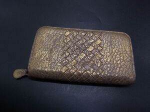 ■美品■ BOTTEGA VENETA ボッテガヴェネタ イントレチャート レザー ラウンドファスナー 長財布 ウォレット ゴールド系 DH1747