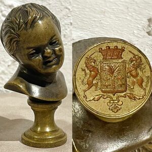 男爵 紋章 印章 ブロンズ 胸像 19世紀 フランス アンティーク シール 封蝋 貴族 インタリオ
