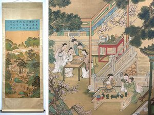 【安】中国明時代画家「仇英書」絹本「十八学士登瀛洲図」掛軸 中国画 墨寶妙品 中国書道 古美味 古美術 332