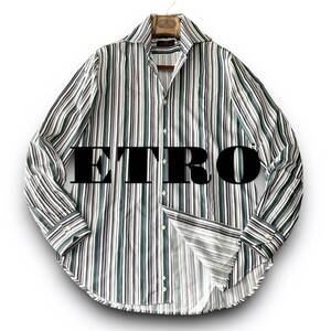 D04 美品 不朽の名品！定価8万 XL前後 39『エトロ ETRO』イタリアンコットン 爽やかなマルチカラー ストライプ 長袖 シャツ 鮮やかな色彩！