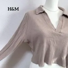 H&M リブトップス ショート丈 Vネックポロニット スリム カットソー 襟付き