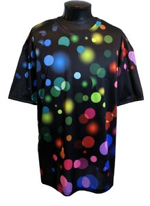 新品 XLサイズ ピエロの様なカラフルな水玉模様Tシャツ 586 黒 ブラック BLACK ドット柄 宇宙柄 シャボン玉 ネオン柄 ステージ衣装 地雷系