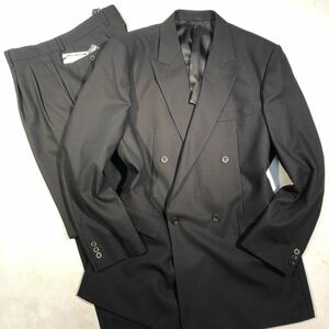 新品 希少【サイズ A7 XL★ゆったりスタイル】4B ダブルスーツ グレー系 背抜き サイドベンツ 2タック 背広 セットアップ ストライプスーツ