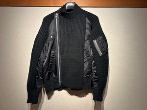 ♪送料無料★sacai★名作★ドッキング ニット ブルゾン★Nylon Twill Mix Knit Layered Blouson★再構築★MA-1★23-03165M★黒×黒★1(S)♪